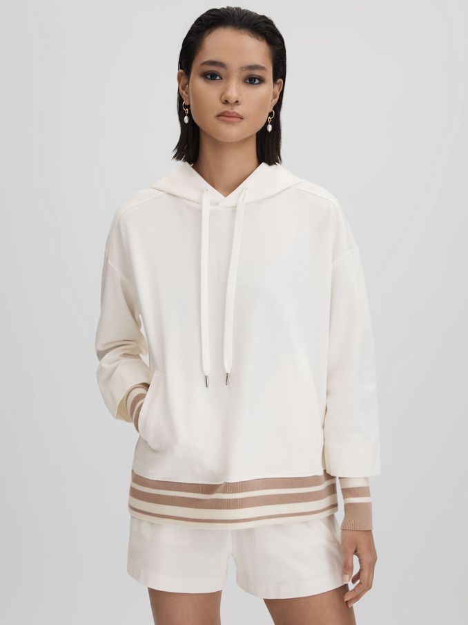 Striped Trim Hoodie in Mink/Ivory (Q90754) | US$143