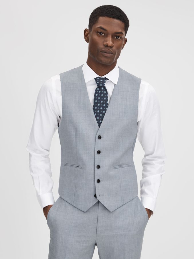Slim Fit Wool Waistcoat in Soft Blue (Q91839) | US$97