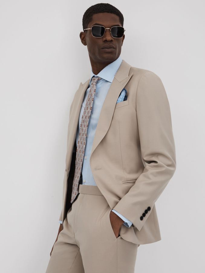 Slim Fit Wool Blend Single Breasted Blazer in Stone (Q91843) | CHF 183