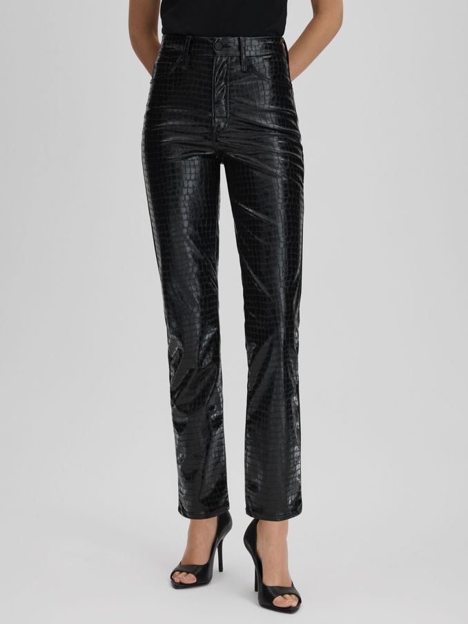 Good American Slim Fit Faux Leather Jeans in Black (Q91914) | US$128