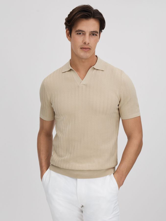 Textured Modal Blend Open Collar Shirt in Stone (Q91932) | €97