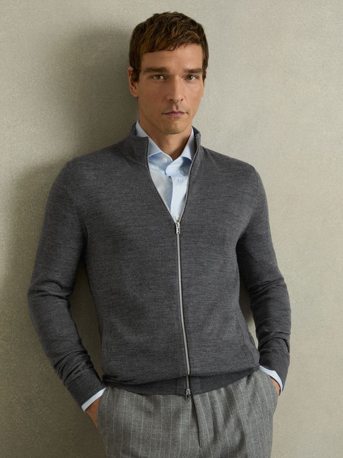 Merino Wool Zip-Through Cardigan in Derby Grey Marl (Q91944) | €170