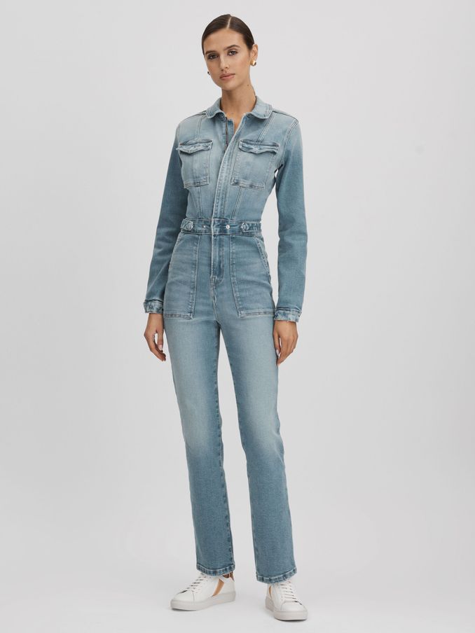 Good American Denim Long Sleeve Jumpsuit in Blue (Q91946) | US$155