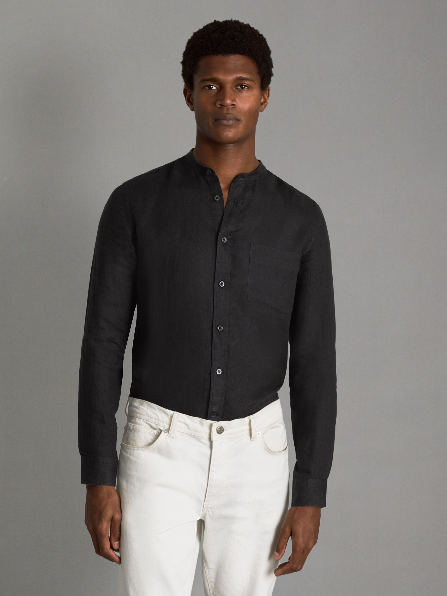 Linen Grandad Collar Shirt in Black (Q91956) | $93