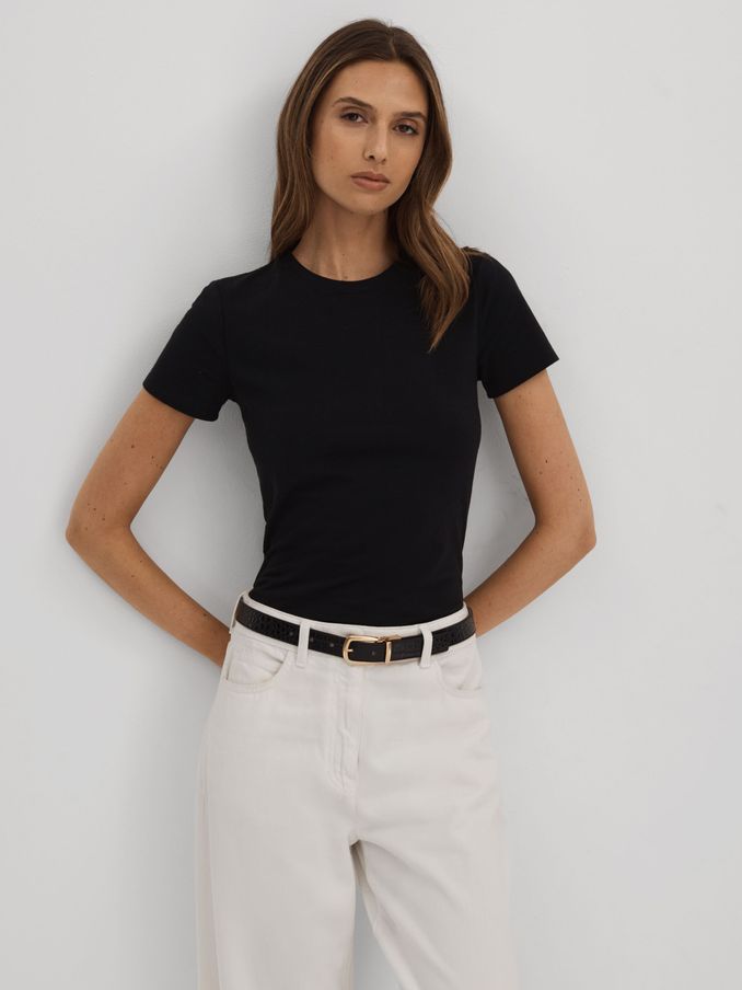 Good American Cropped Cotton Crew Neck T-Shirt in Black (Q92910) | Kč710