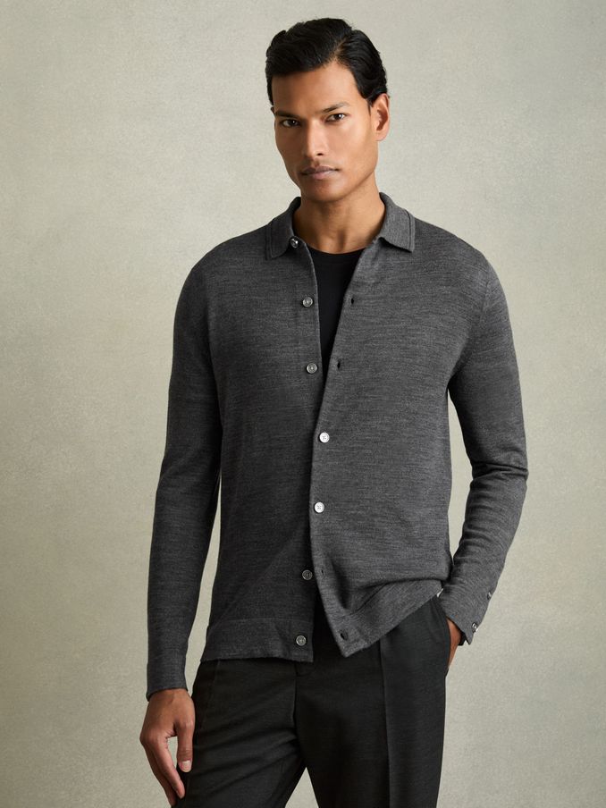 Merino Wool Button-Through Cardigan in Derby Grey Marl (Q92971) | US$109