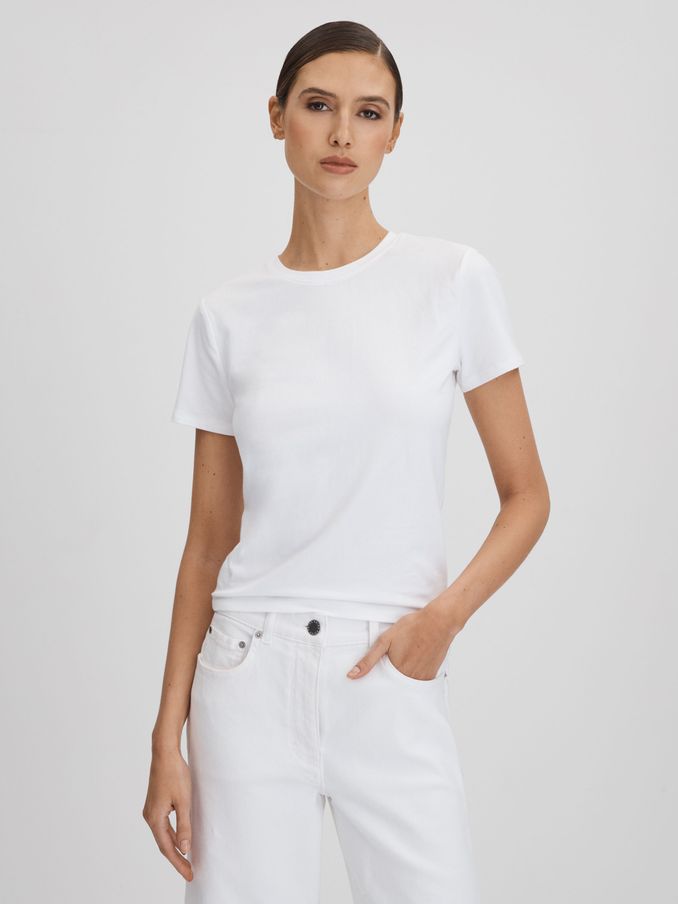 Cropped Cotton Crew Neck T-Shirt in White (Q92975) | HK$680