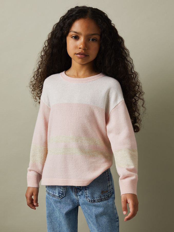 9-13 yrs Wool Blend Striped Crew Neck Jumper in Pink (Q94231) | $37