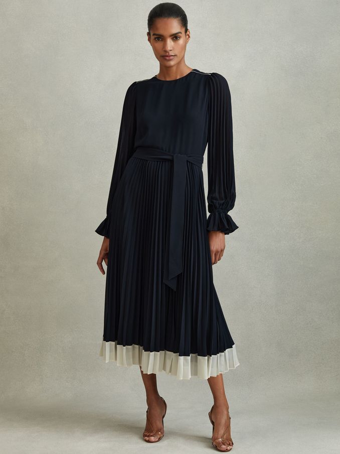 Pleated Belted Midi Dress in Navy/Cream (Q94232) | US$216