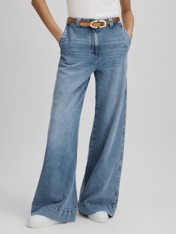 Wide Leg Contrast Stitch Jeans in Light Blue (Q96619) | €143