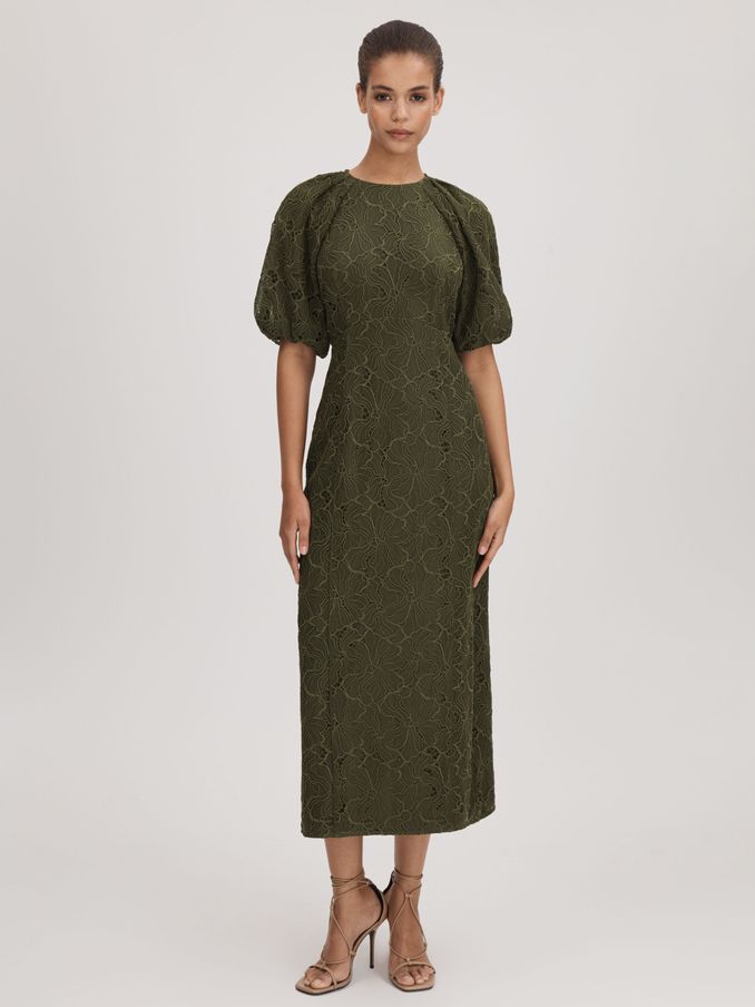 Florere Lace Puff Sleeve Midi Dress in Dark Khaki (Q96645) | US$119