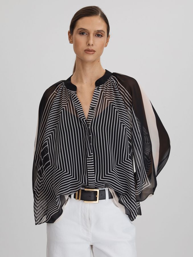 Printed Button-Through Blouse in Black/Cream (Q97757) | US$110