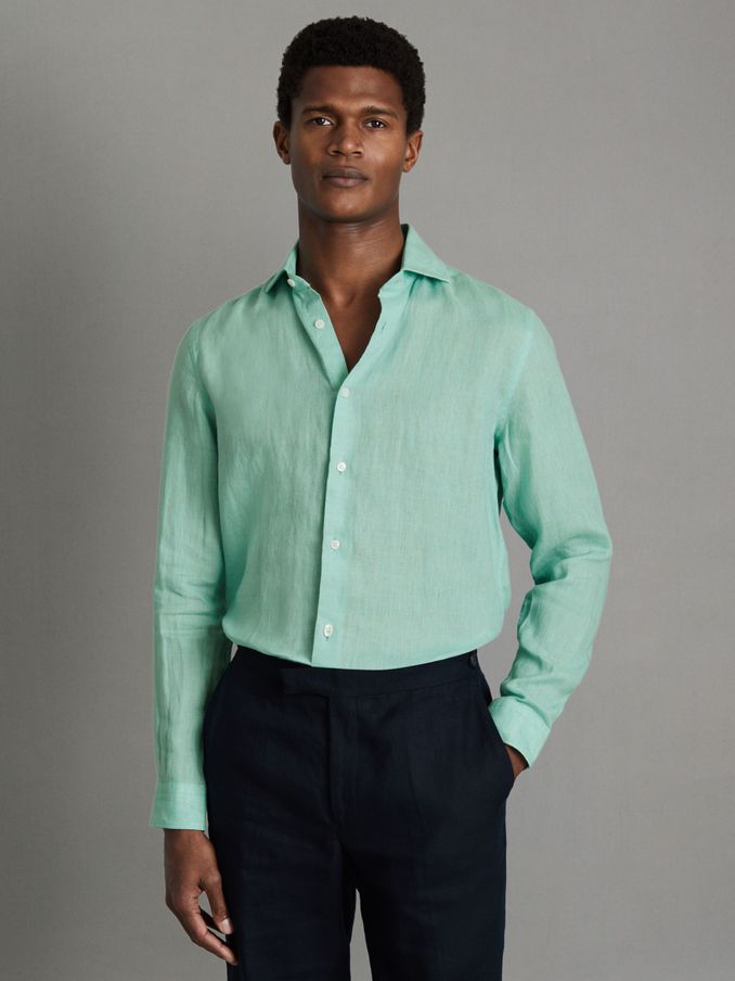 Linen Button-Through Shirt in Bermuda Green (Q99090) | US$62