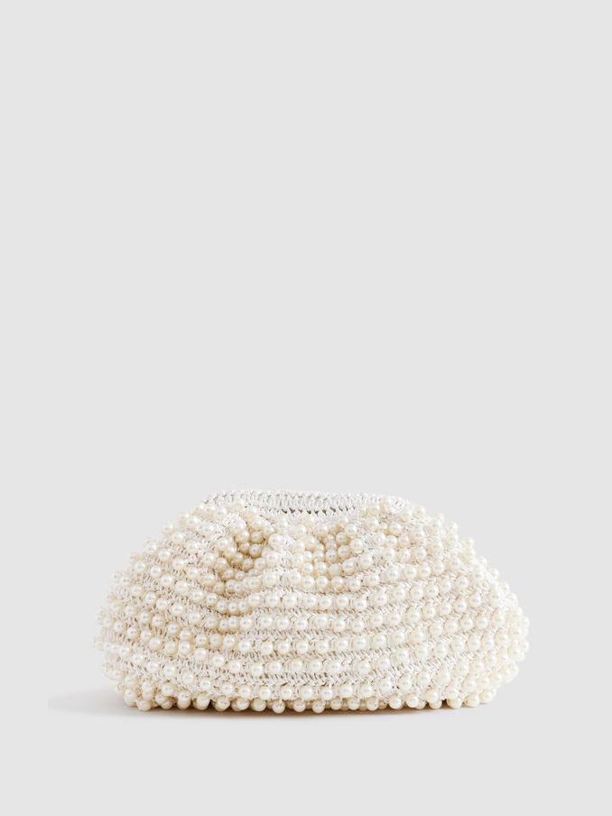 Woven Pearl Clutch Bag in White (Q99094) | CHF 111