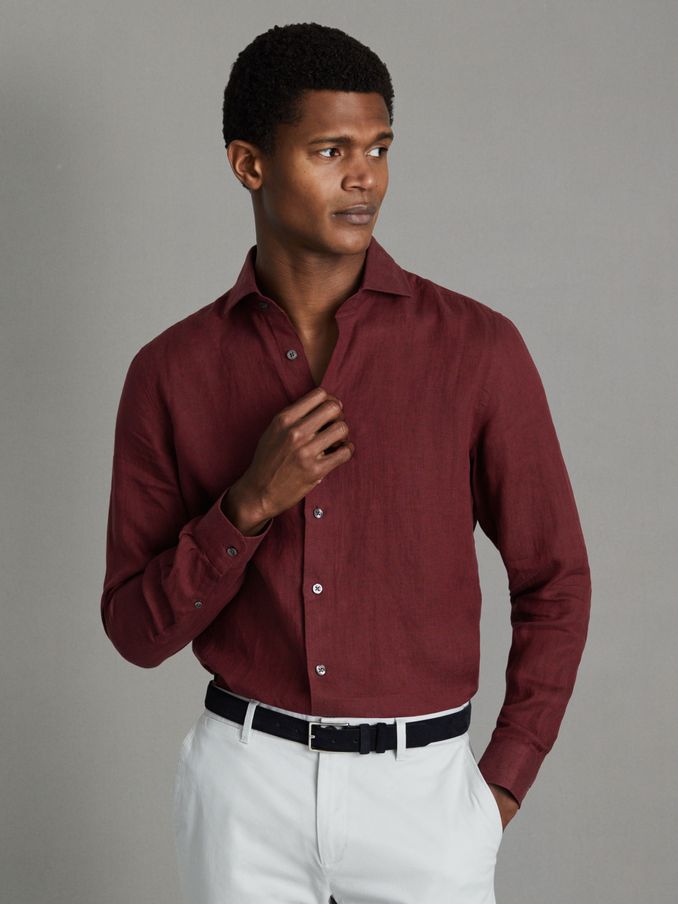 Linen Button-Through Shirt in Pecan Brown (Q99095) | US$78