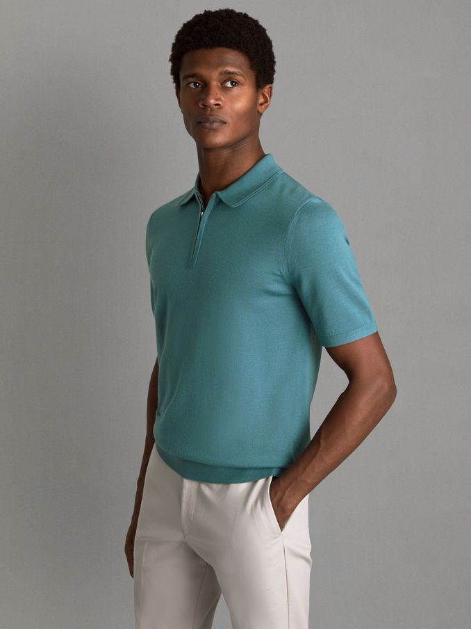 Maxwell Ocean Green Merino Wool Half-Zip Polo Shirt (Q99122) | €39