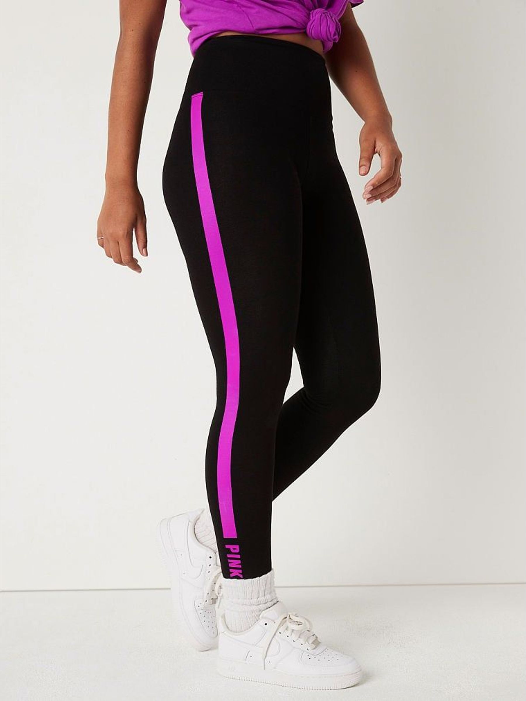 Pure Black with Couture Fushia Stripe Cotton High Waist Leggings (R25052) | €22