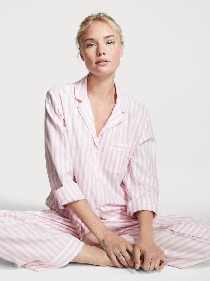 Pink and White Shine Stripe Flannel Long Pyjamas (R37786) | €22