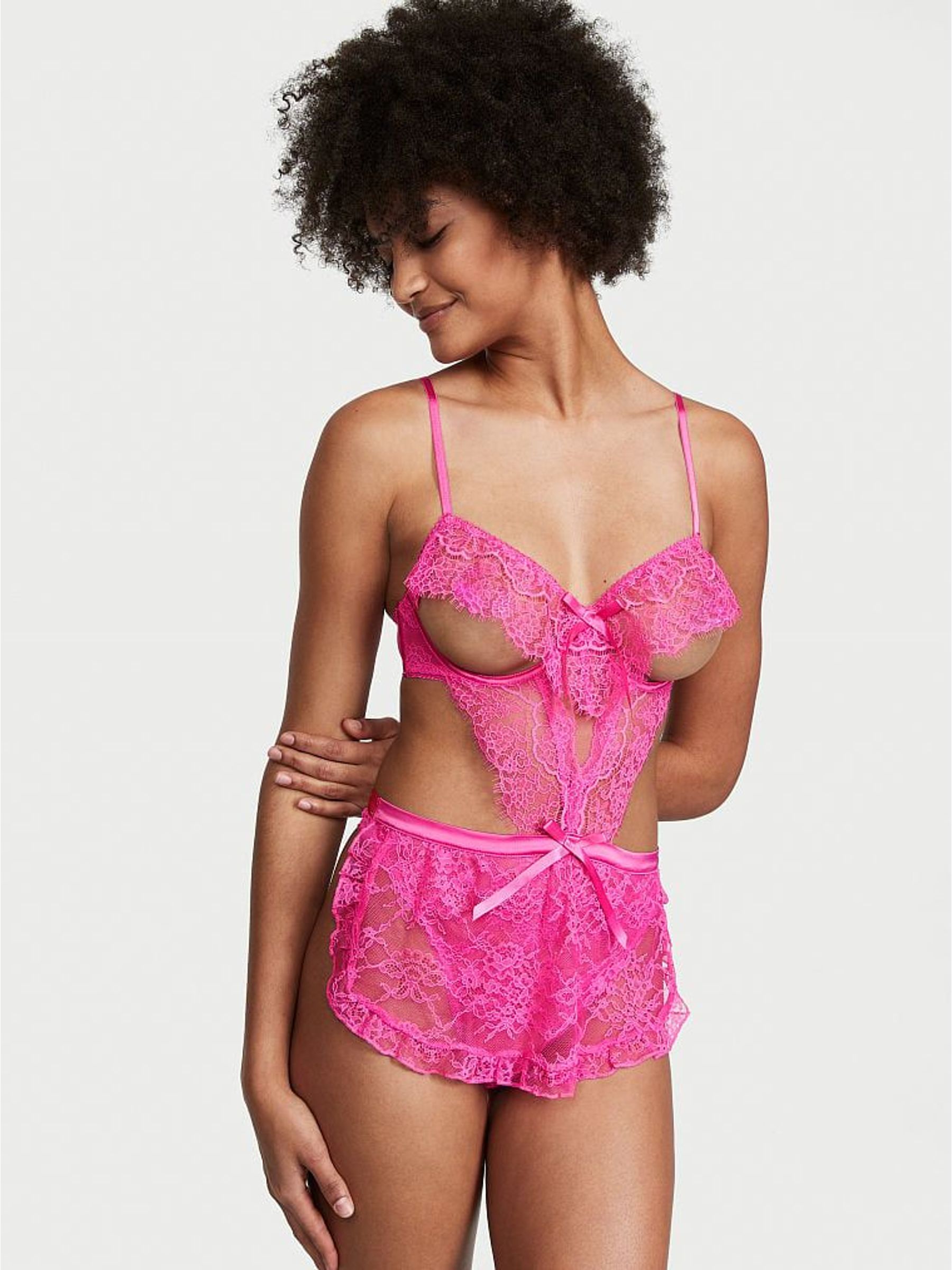 Summer Pink Lace Cut Out Apron Bodysuit (R75004) | €33