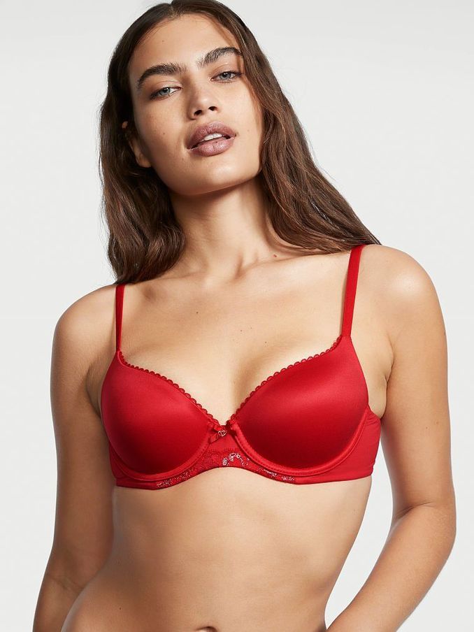 Lipstick Shine Red Lace Trim Lightly Lined Demi Bra (R89857) | €22