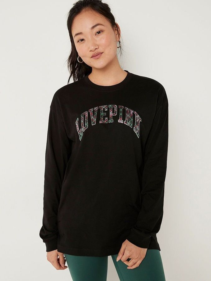 Pure Black Plaid Shine Logo Cotton Long Sleeve Campus T-Shirt (RA3466) | €22