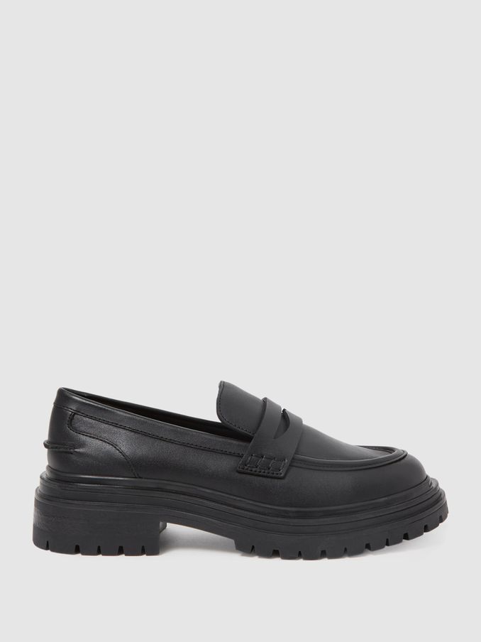 Leather Chunky Cleated Loafers in Black (T31132) | US$110