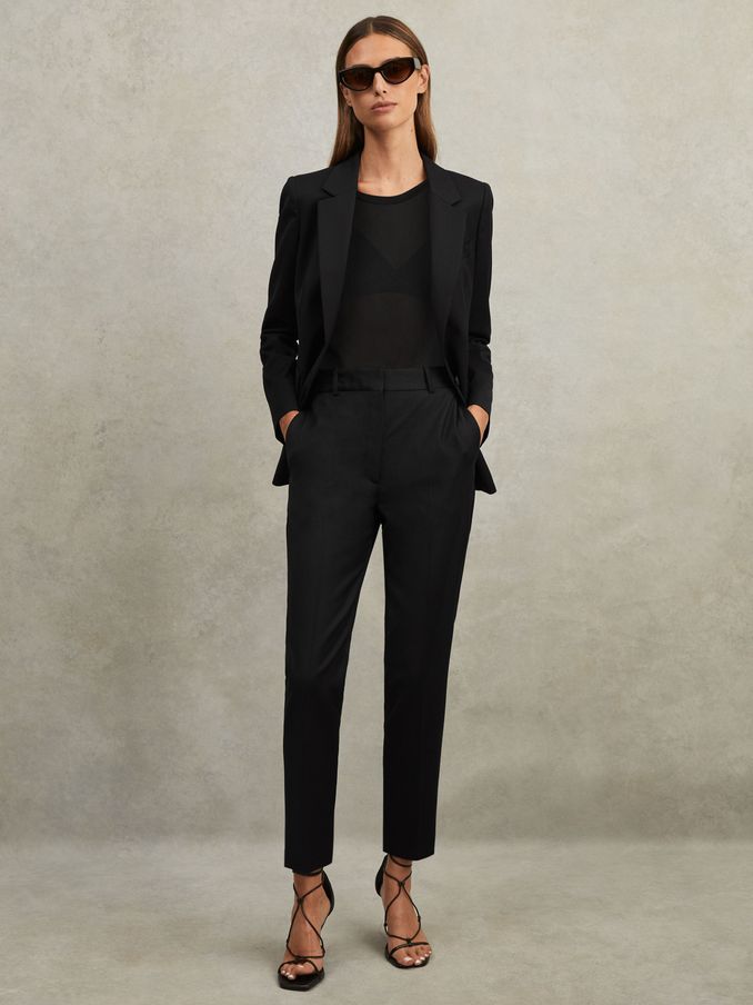 Wool Blend Tapered Suit Trousers in Black (T42872) | US$225