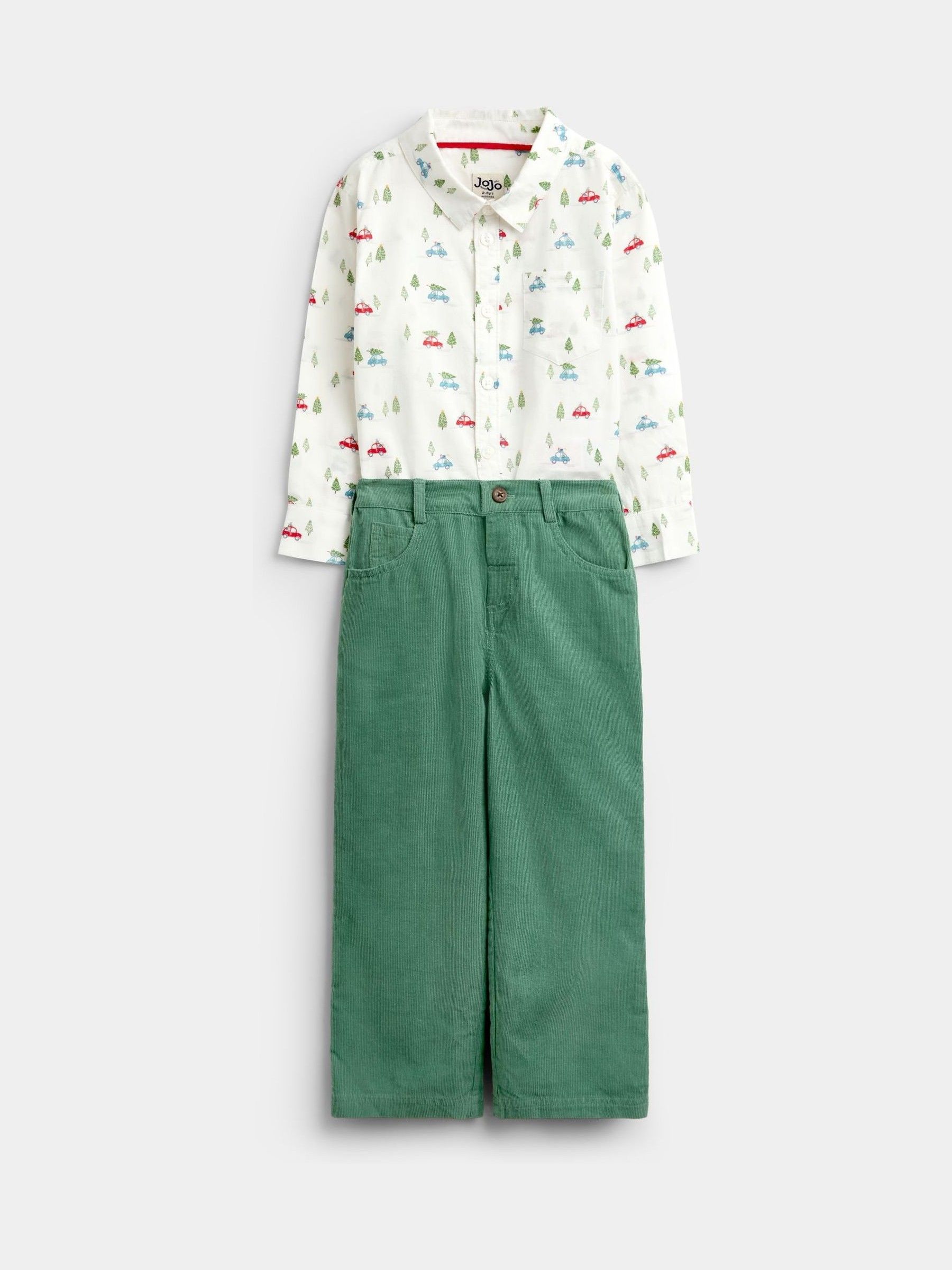 Dark Green Christmas Car - Print Shirt & Cord Trousers Set