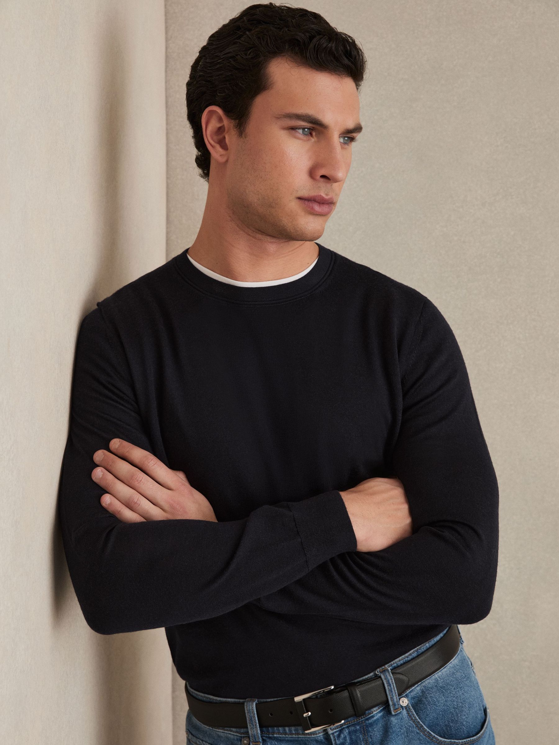 Merino Wool Crew Neck Jumper in Navy (T44994) | $180