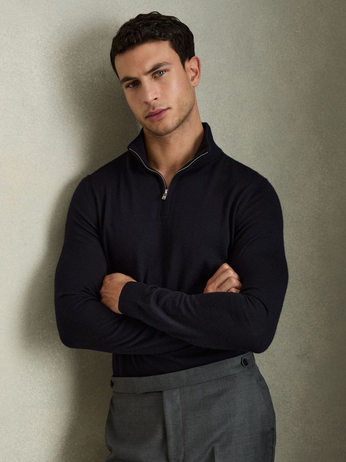 Merino Wool Half-Zip Funnel Neck Jumper in Navy (T45040) | €140