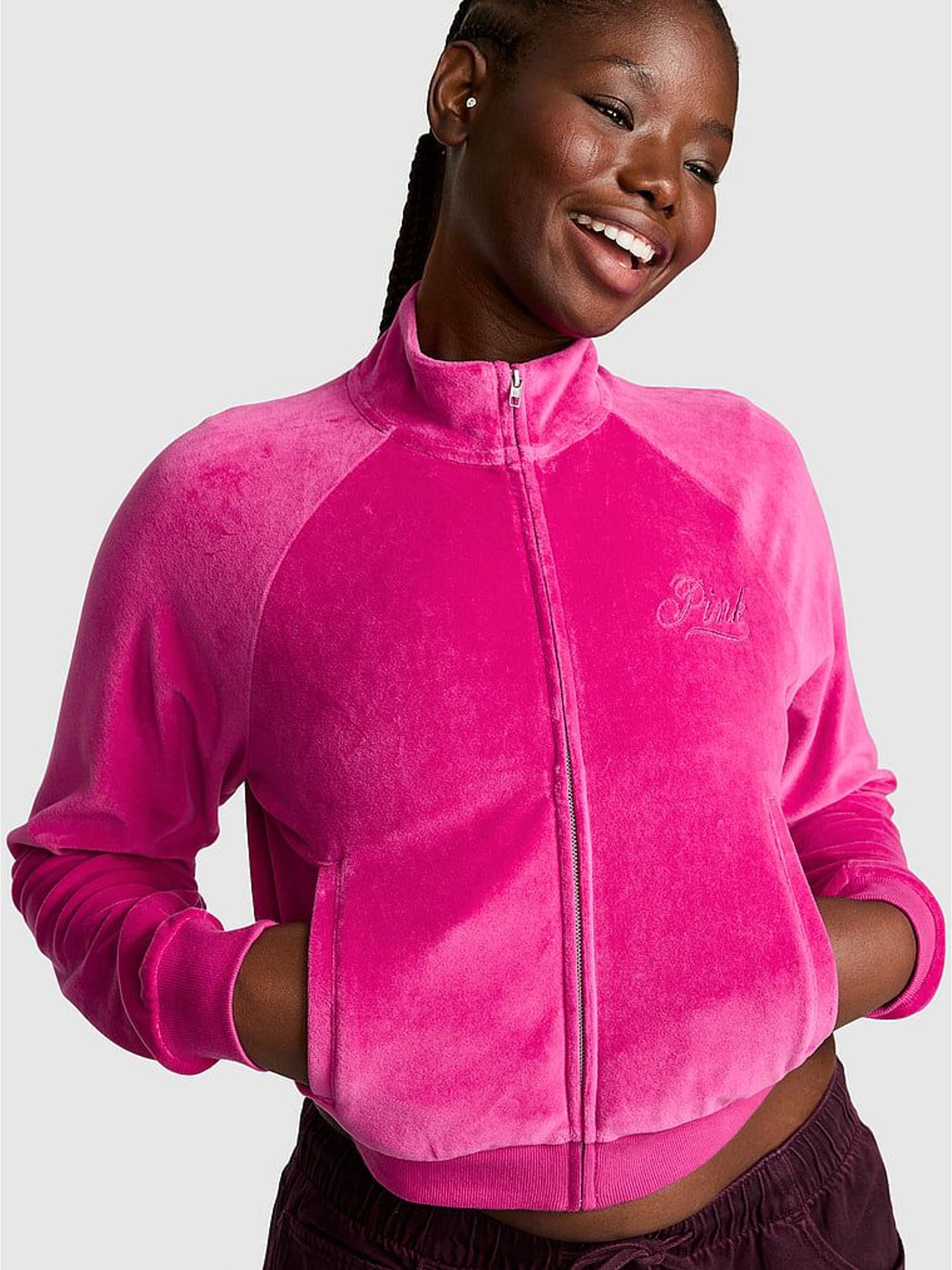 Pink Fire - Velour Shrunken Mock Neck Full Zip Sweat Tops