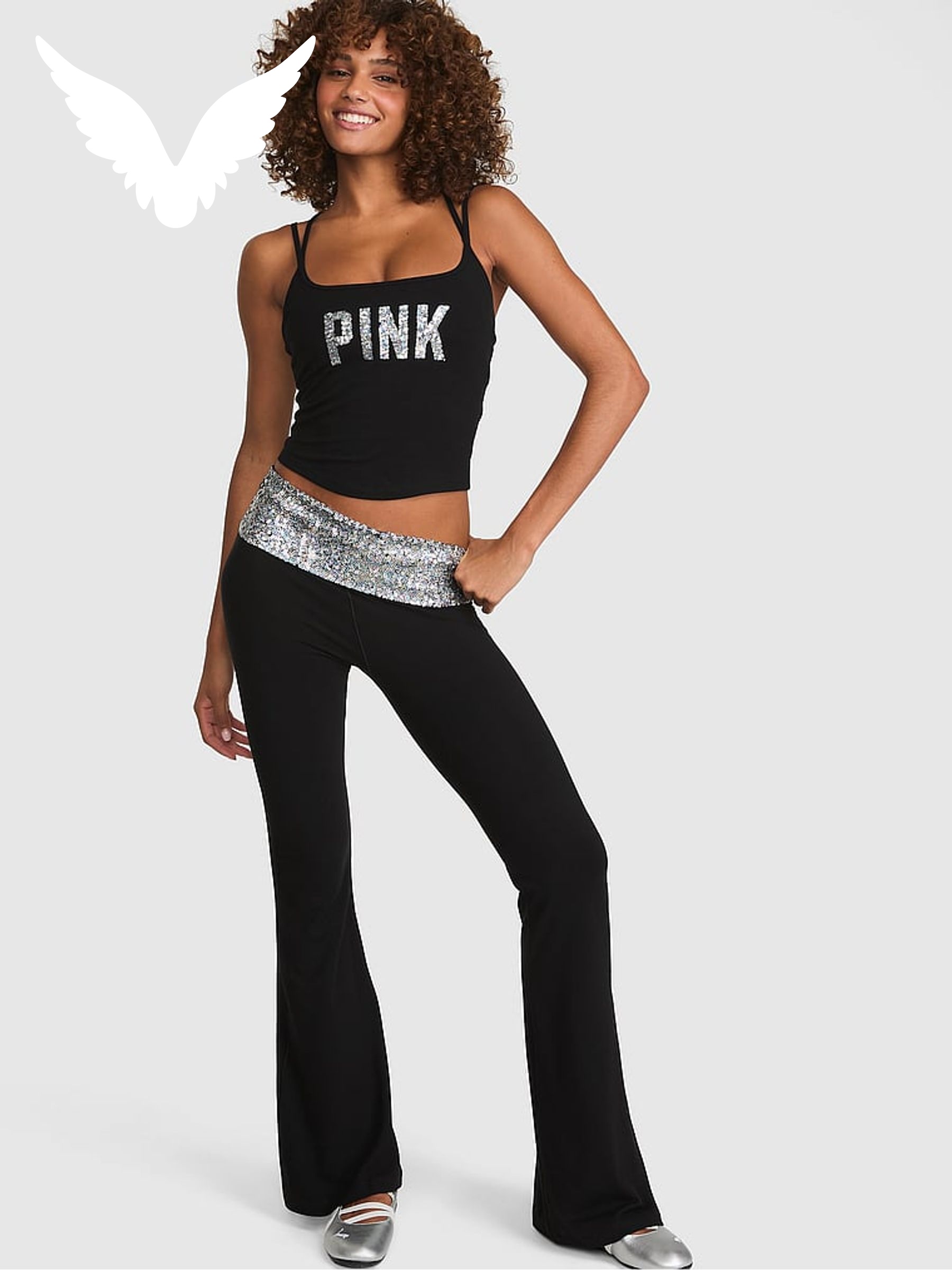 Black Sequin - Cotton Foldover Leggings
