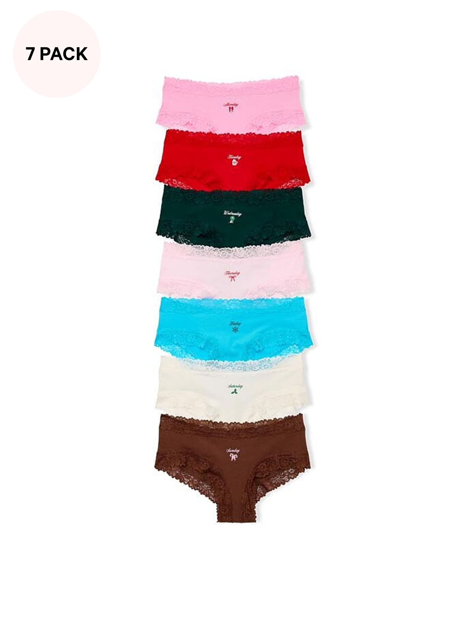 Pink/Red/Green/Blue/White/Brown - 7 Pack Lace Trim Knickers