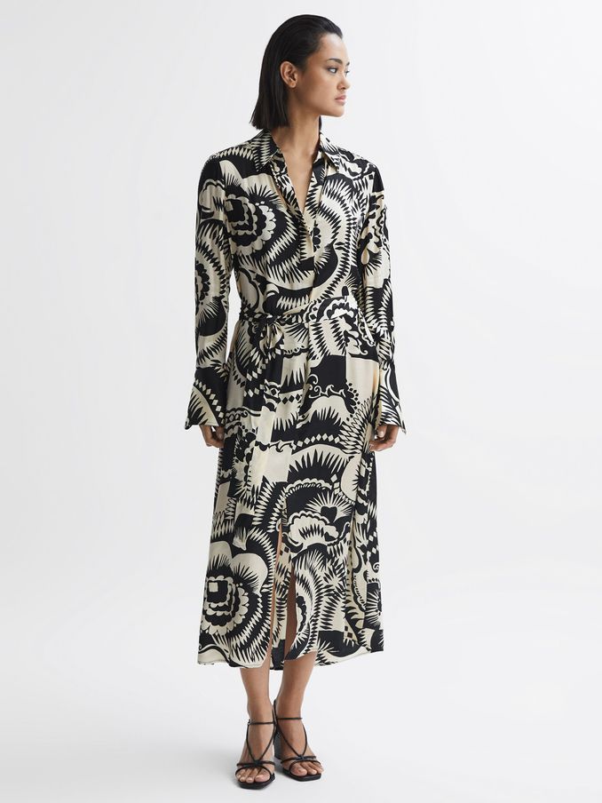Printed Long Sleeve Midi Dress in Black/White (T55109) | 398 SAR