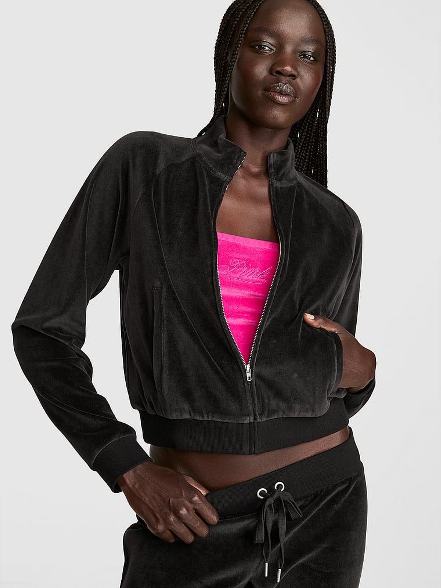 Black - Velour Shrunken Mock Neck Full Zip Sweat Tops