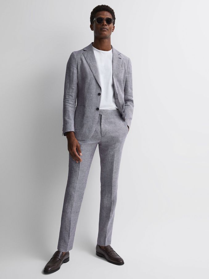 Squad Navy Linen Dogtooth Adjuster Regular Fit Trousers (T55234) | €96