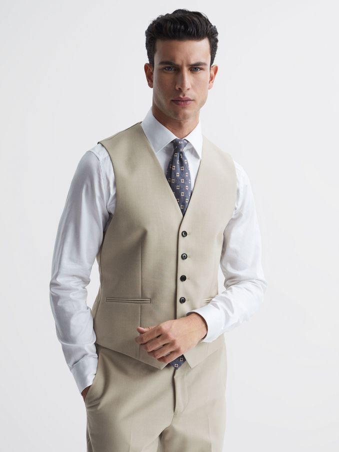 Classic Slim Fit Six Button Wool Waistcoat in Stone (T55243) | US$65