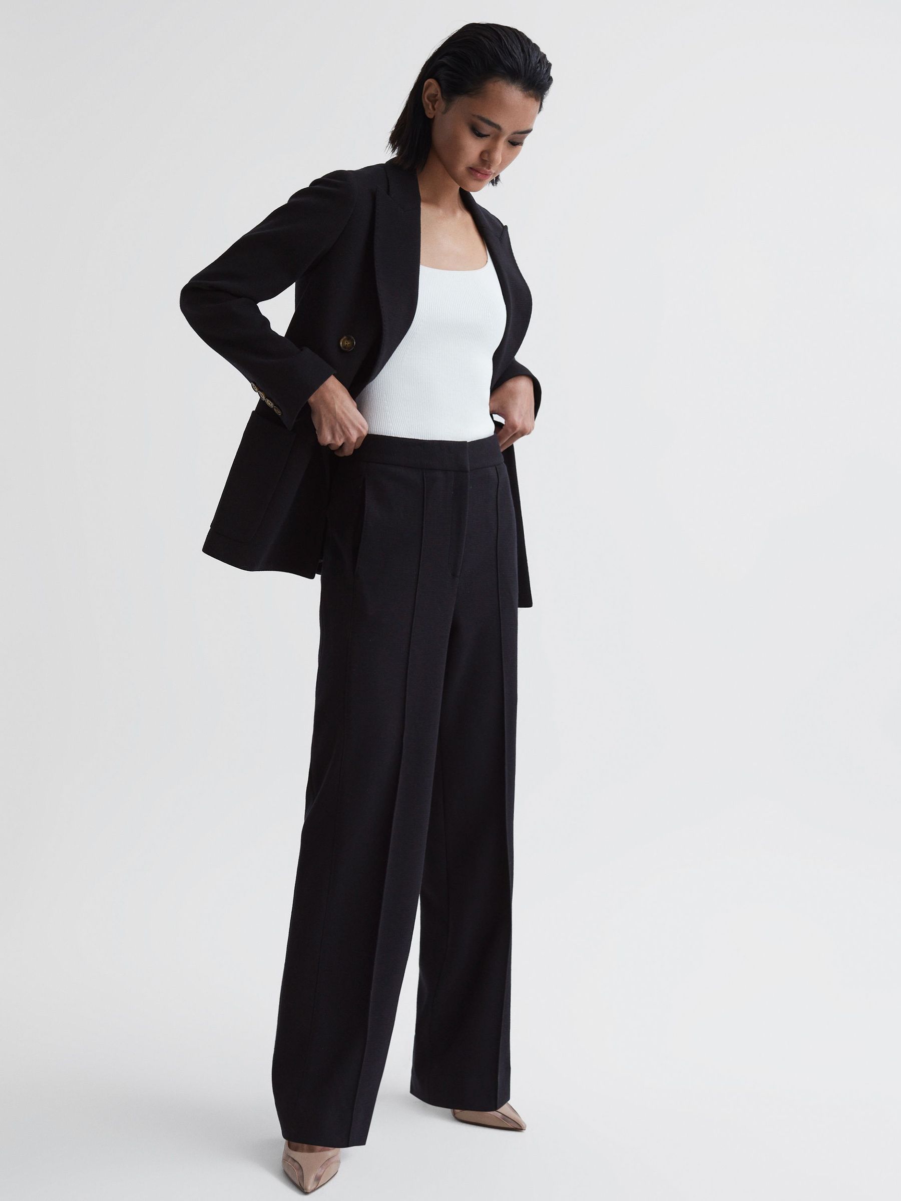 Wool Blend Wide Leg Suit Trousers in Navy (T57757) | €66