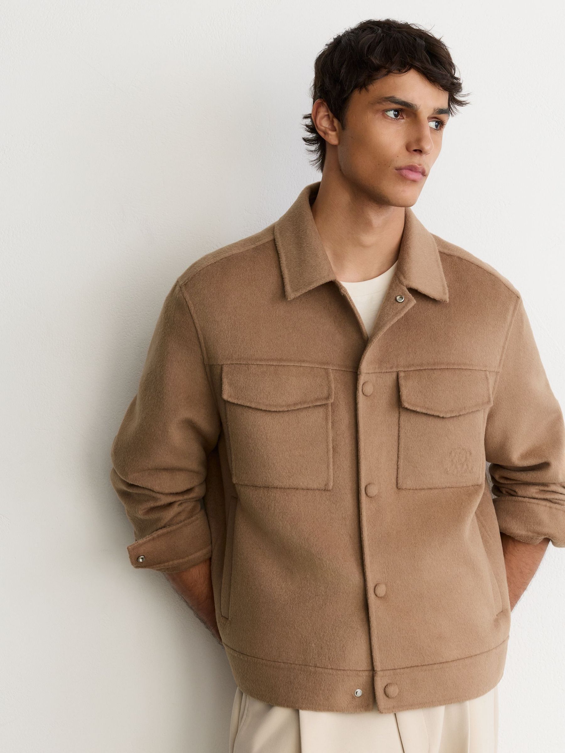 Kamel - Regular Monogram Wool-blend Press-stud Overshirt