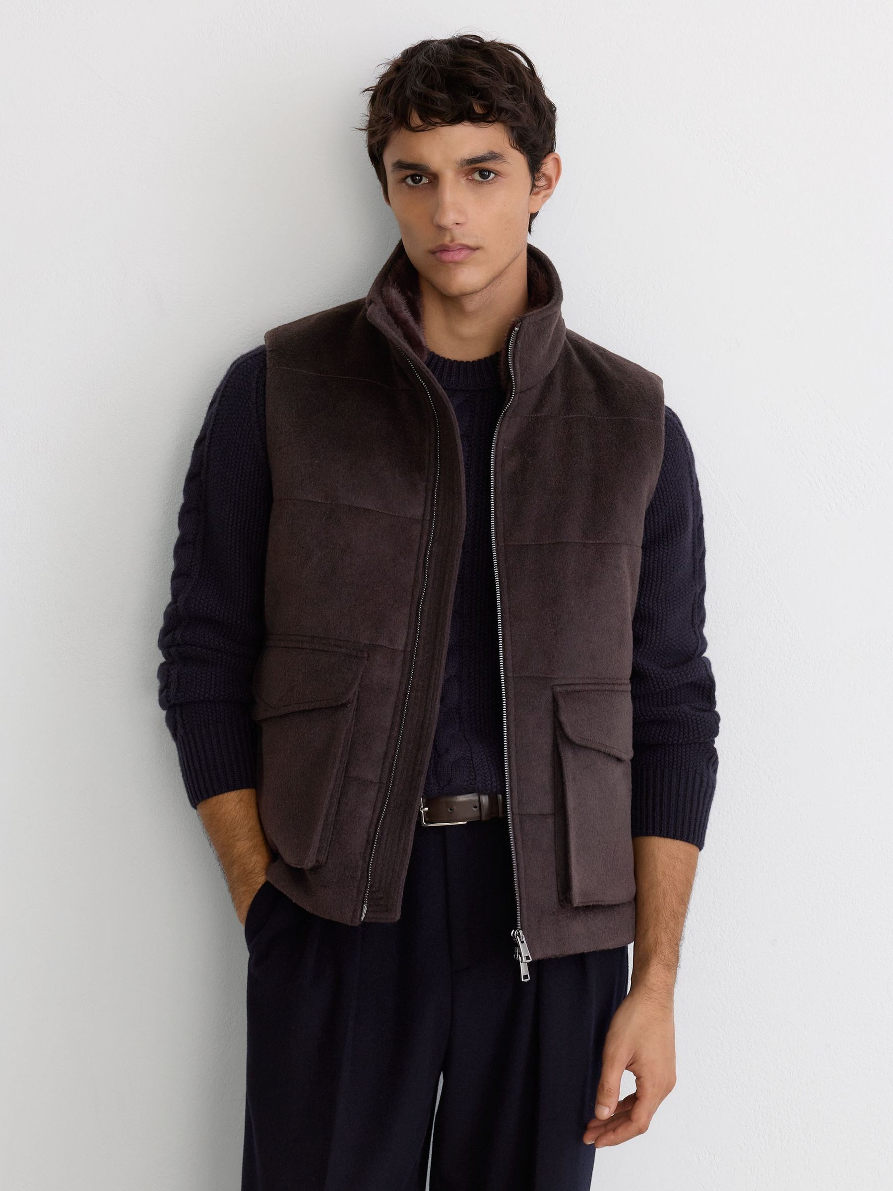 Chocolate Brown - Regular Wool-blend Faux Fur-collar Quilted Gilet
