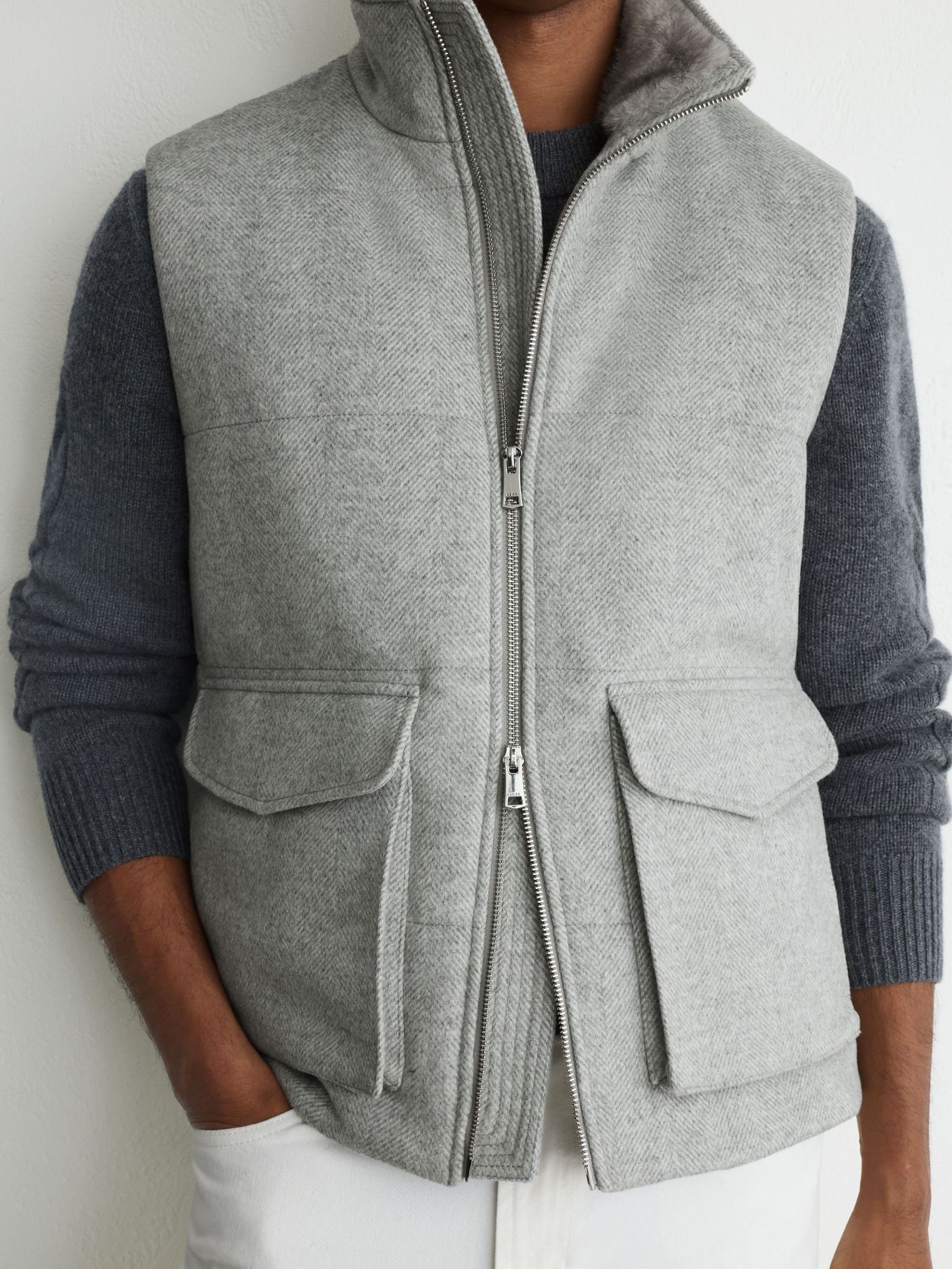 Grey - Regular Wool-blend Faux Fur-collar Quilted Gilet