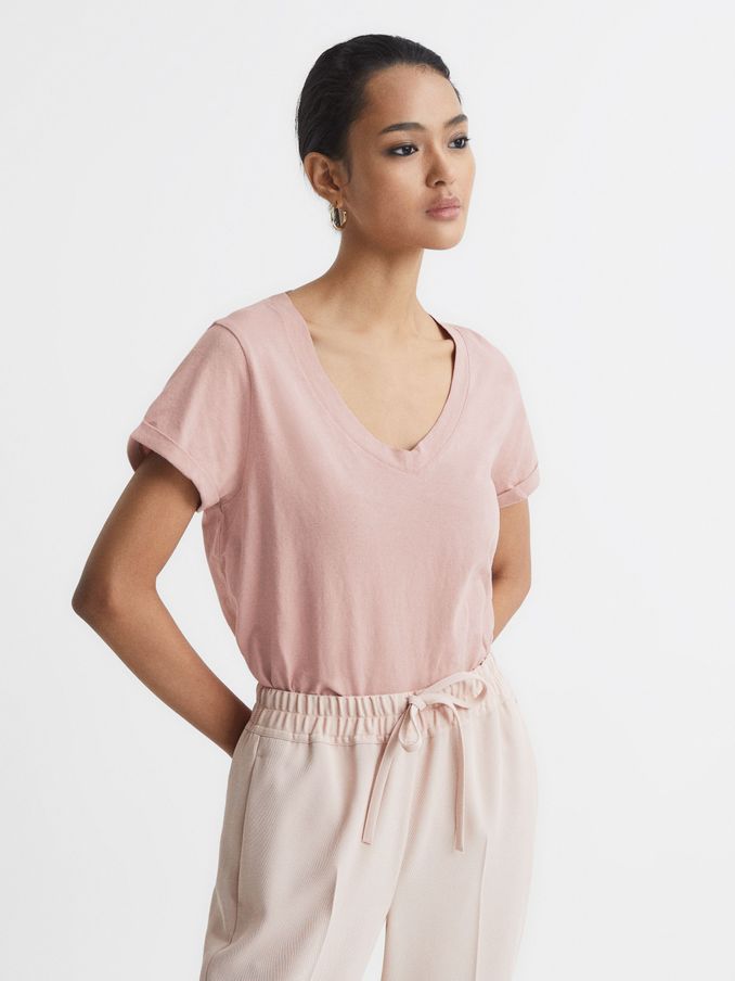 Cotton-Jersey V-Neck T-Shirt in Light Pink (T69276) | €50