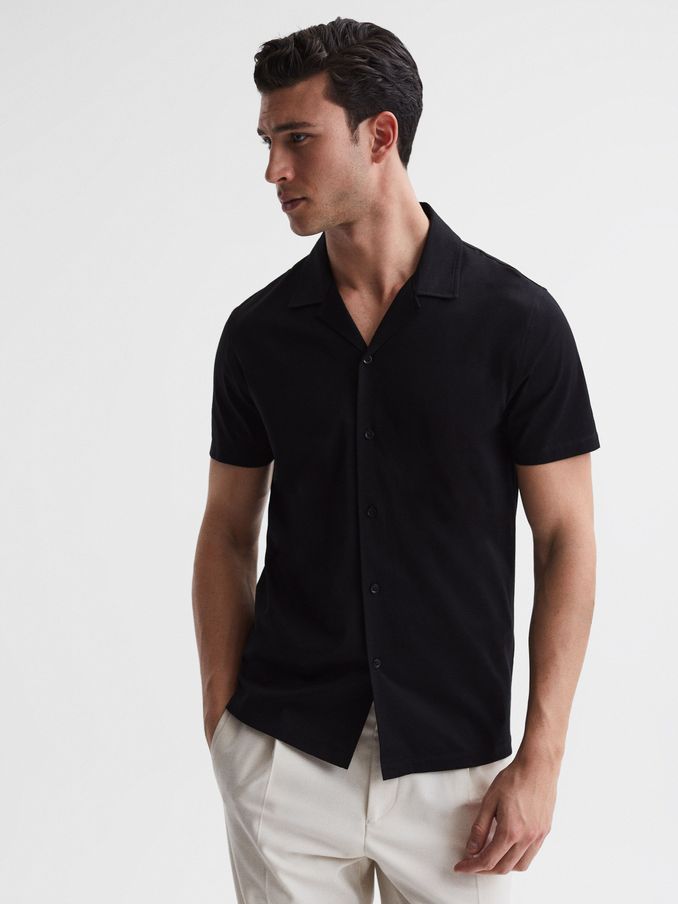 Mercerised Jersey Cuban Collar Shirt in Black (T74483) | €27