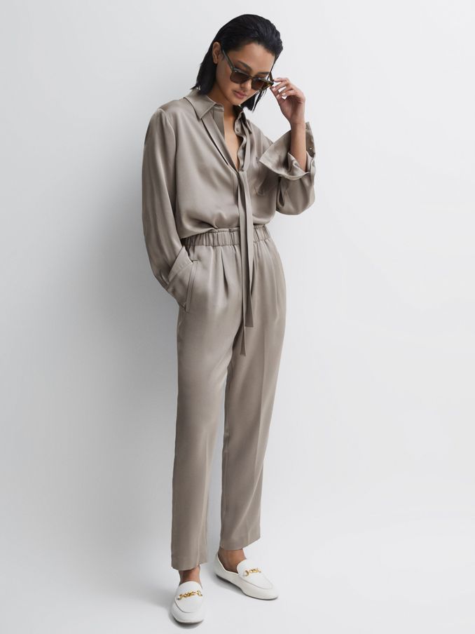 Satin Elasticated Tapered Trousers in Mink (T78059) | US$84