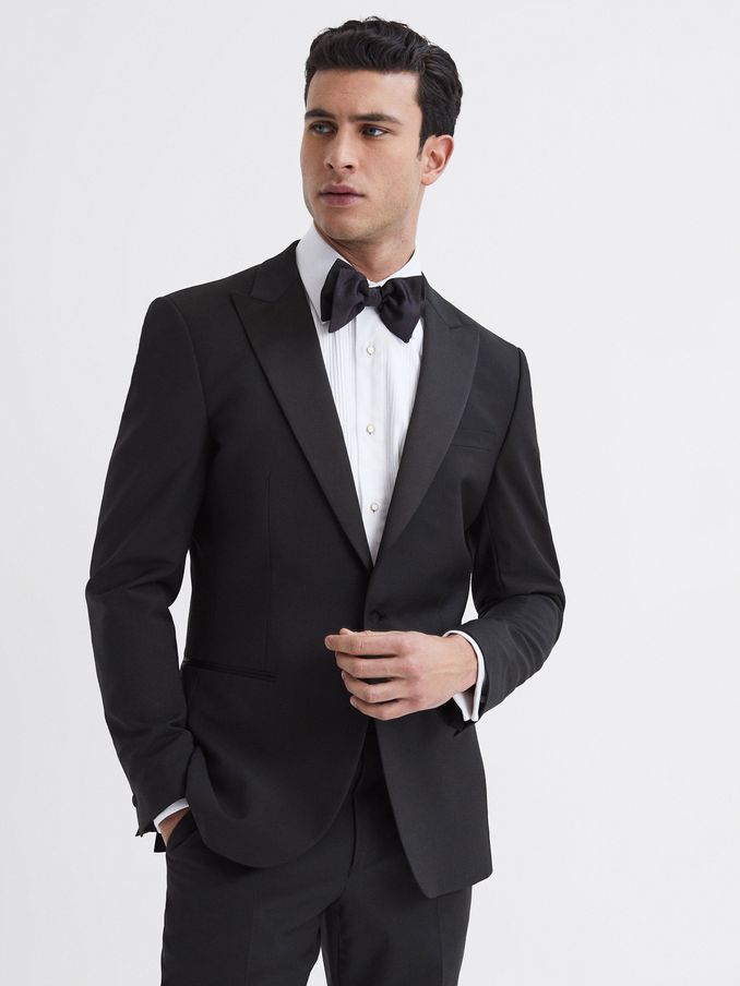 Modern Fit Satin Lapel Tuxedo Jacket in Black (T78453) | US$217