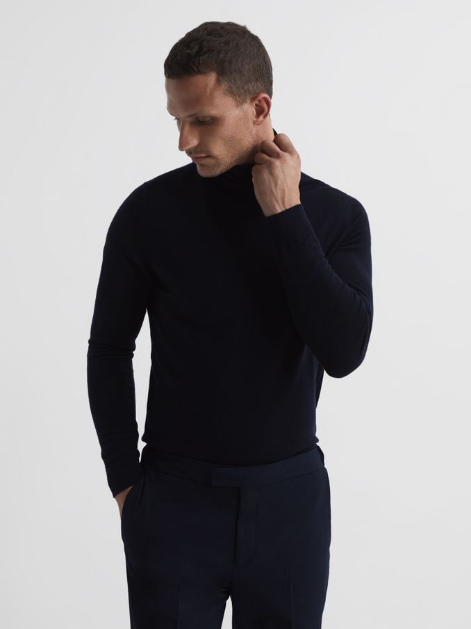 Slim Fit Merino Wool Roll Neck Jumper in Navy (T97348) | US$106