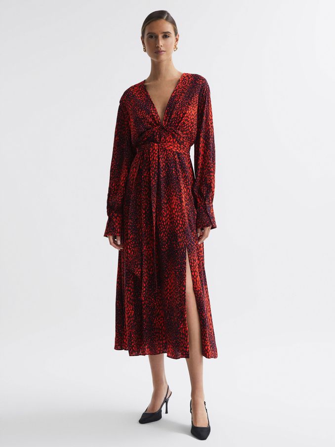 Animal Print Blouson Sleeve Midi Dress in Red (T99373) | US$98