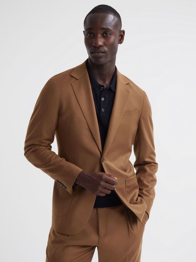 Slim Fit Wool Blend Single Breasted Blazer in Tobacco (T99381) | US$162