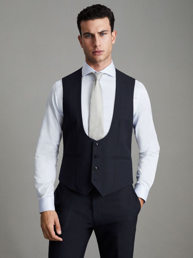 Horse Shoe Slim Fit Wool Waistcoat in Navy (U00878) | US$103