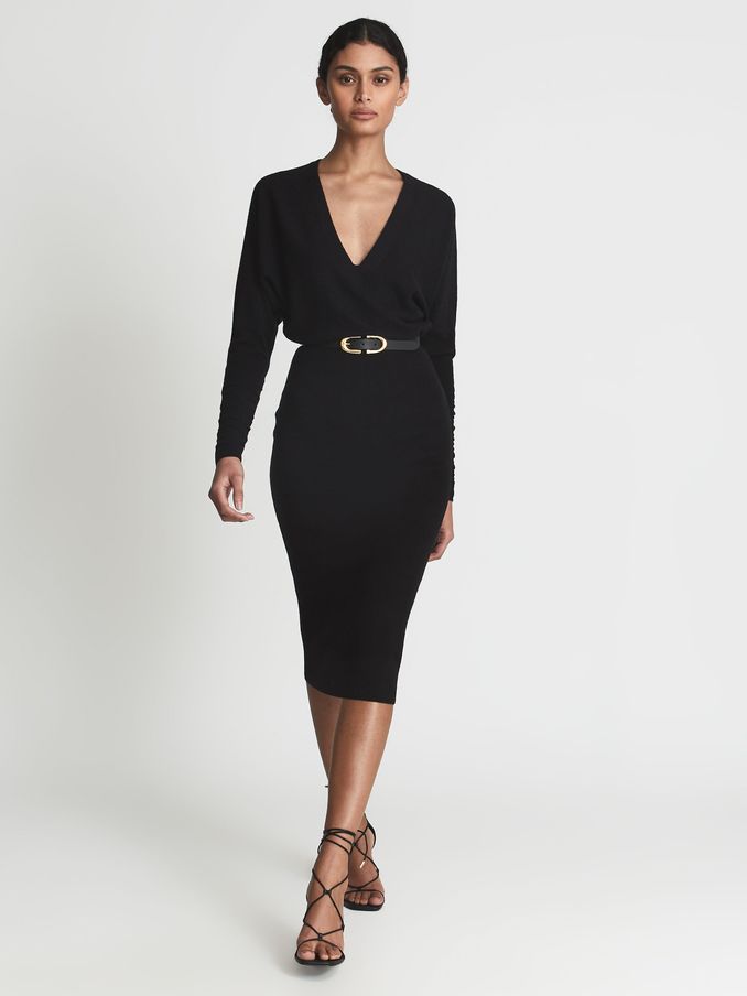 Wool Blend Ruched Sleeve Midi Dress in Black (U00934) | $155